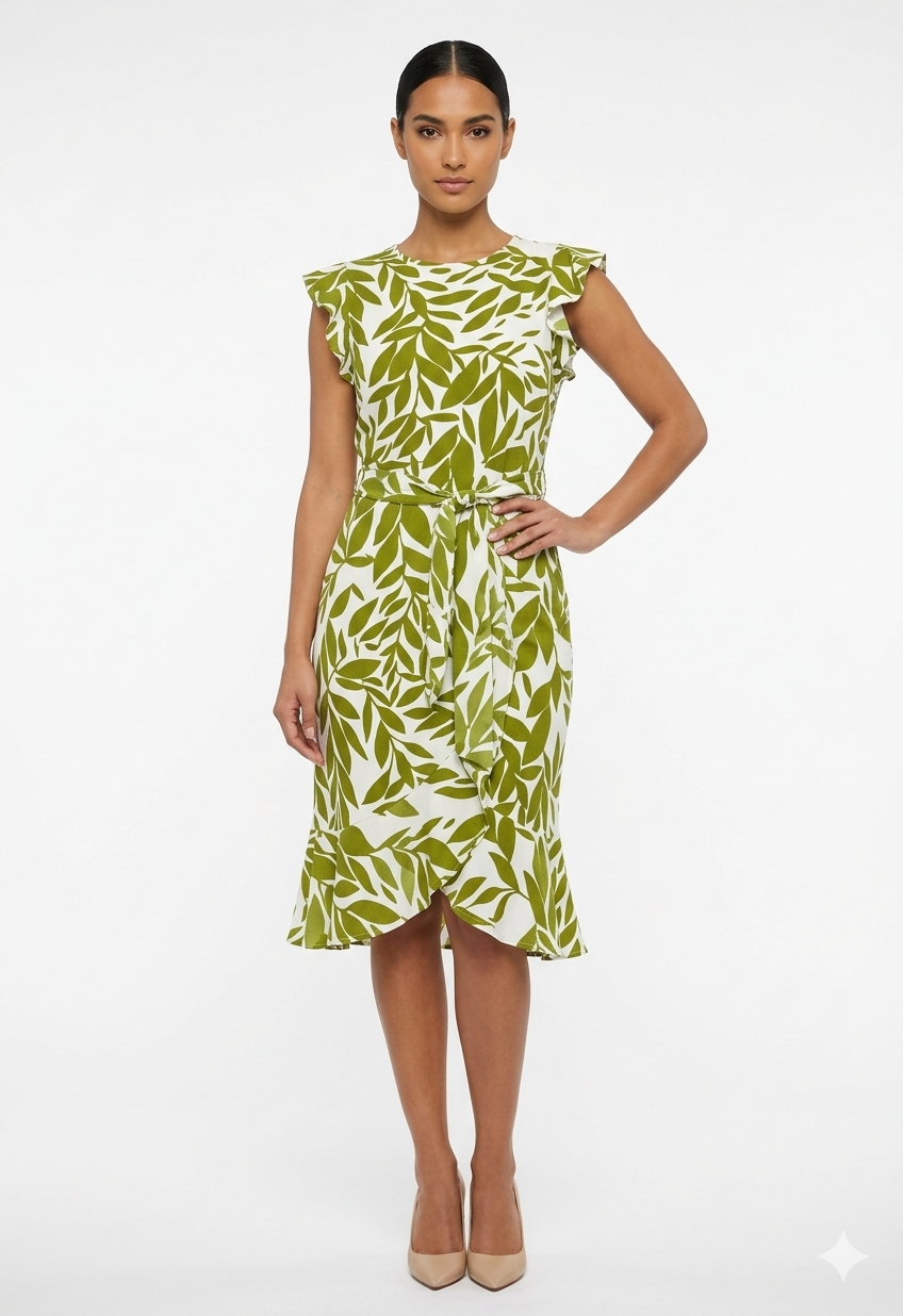 Dress Sleeve Ruffle   Leaf Cream Avocado - Shelby and Palmer