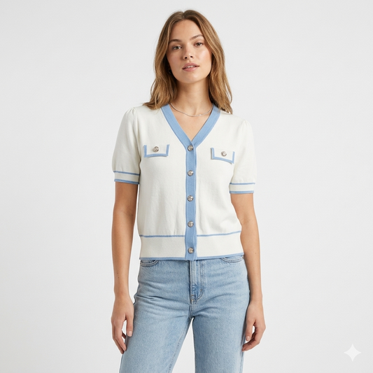 Pointelle Colorblock Short Sleeve Sweater Ivory/Blue- Nanette Lepore