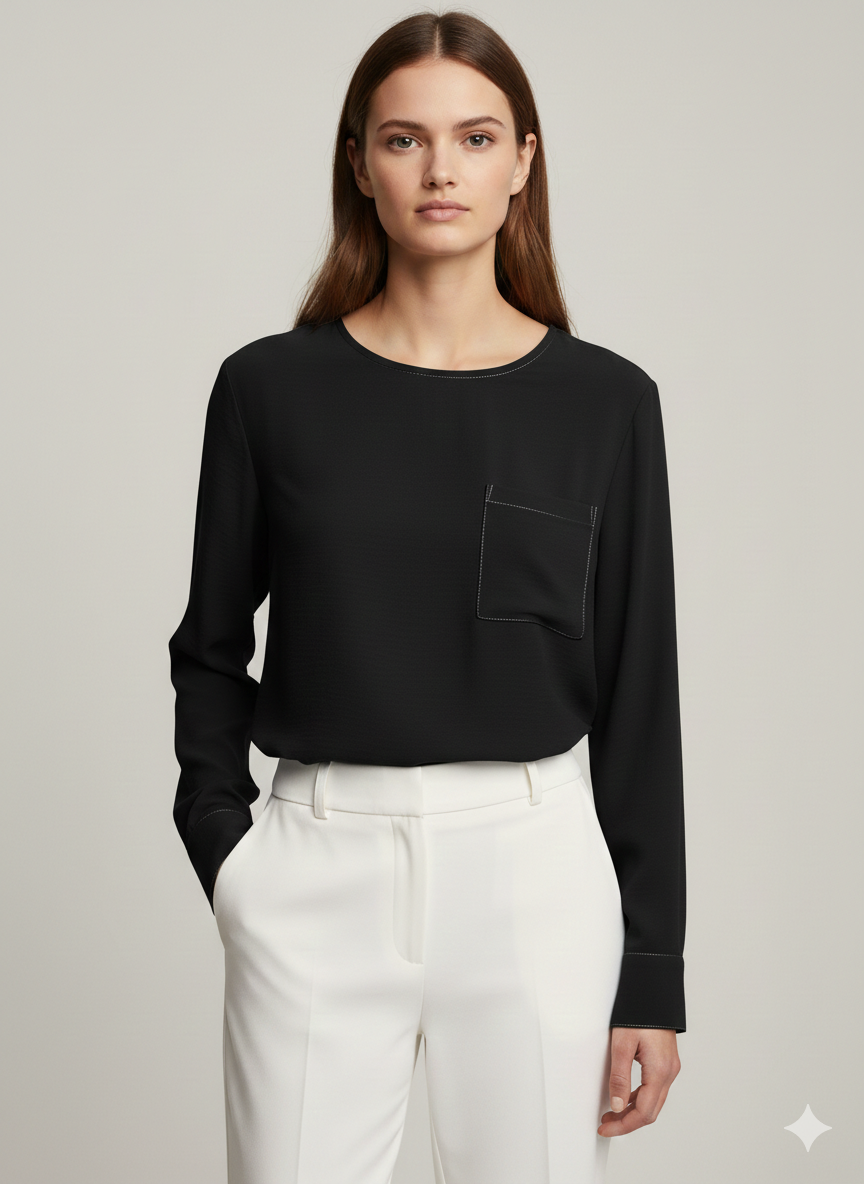 Blouse Contrast Stitch Black/White - Ninety