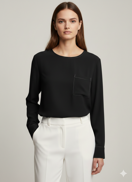 Blouse Contrast Stitch Black/White - Ninety