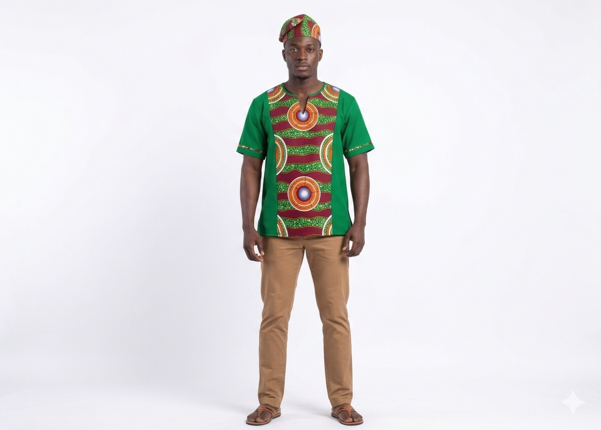 Camisa y Kufi Caballero Verde-Estampado (Etnia Negra)