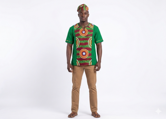 Camisa y Kufi Caballero Verde-Estampado (Etnia Negra)