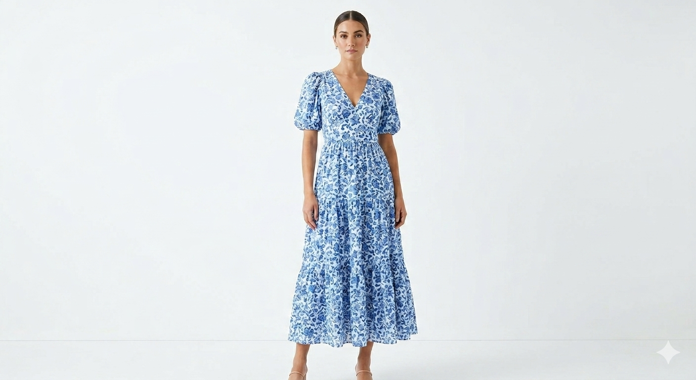 Sleeve V Neck Tiered Midi Dark Blue  Combo