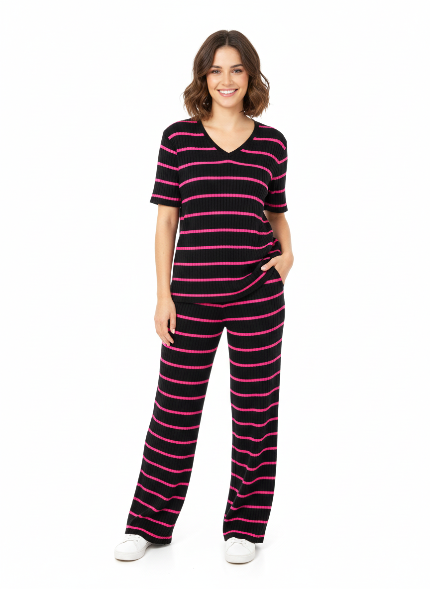 Ladies Stripe Sweater V Nick Top with Pant  Set 2 Back/Fuchsia - Liz & Lilli
