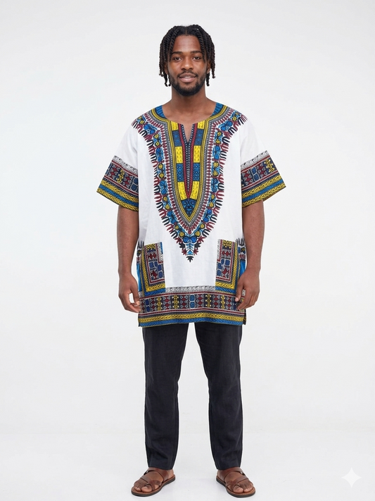 Men Cotton Dashiki White-Etnia Negra