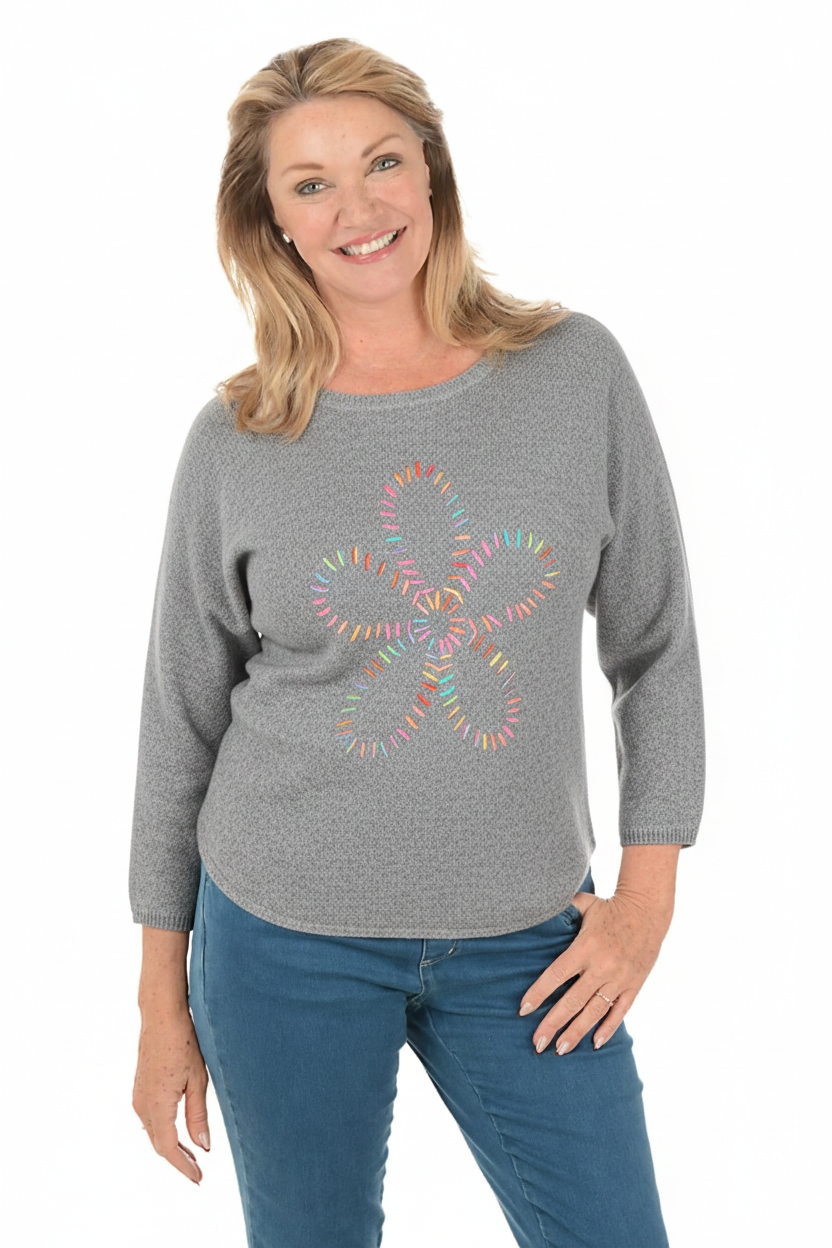 Grey Embroidered Daisy 3/4 Sleeve Sweater - Ninety