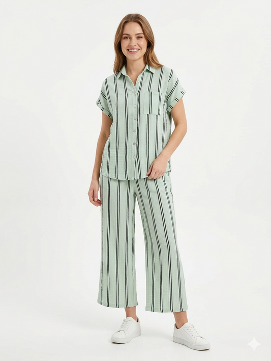 Ladies Air Flow Fashion Top with Pant Set 2 Light Green Print - Liz & Lilli