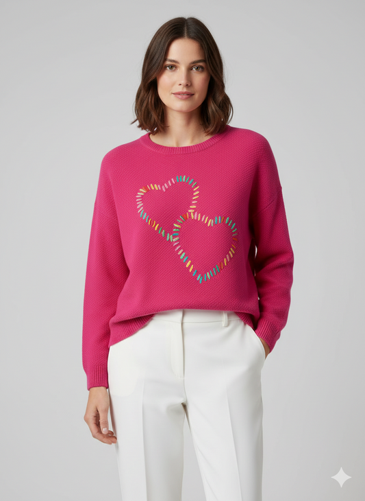 Pink Embroidered Hearts 3/4 Sleeve Sweater - Ninety