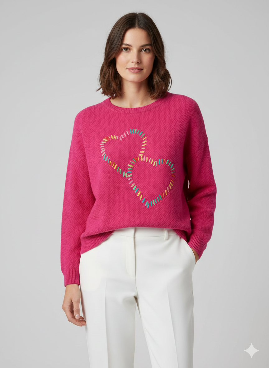 Pink Embroidered Hearts 3/4 Sleeve Sweater - Ninety