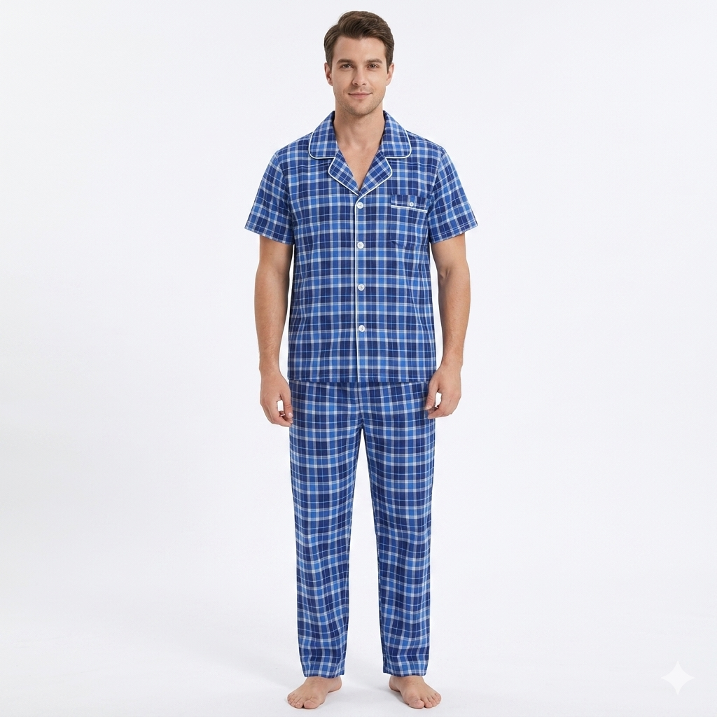 Men´s Pajama Short Sleeve w/ Long short  Light Navy Multicolor