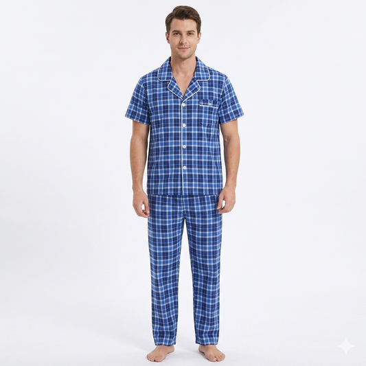 Men´s Pajama Short Sleeve w/ Long short  Light Navy Multicolor