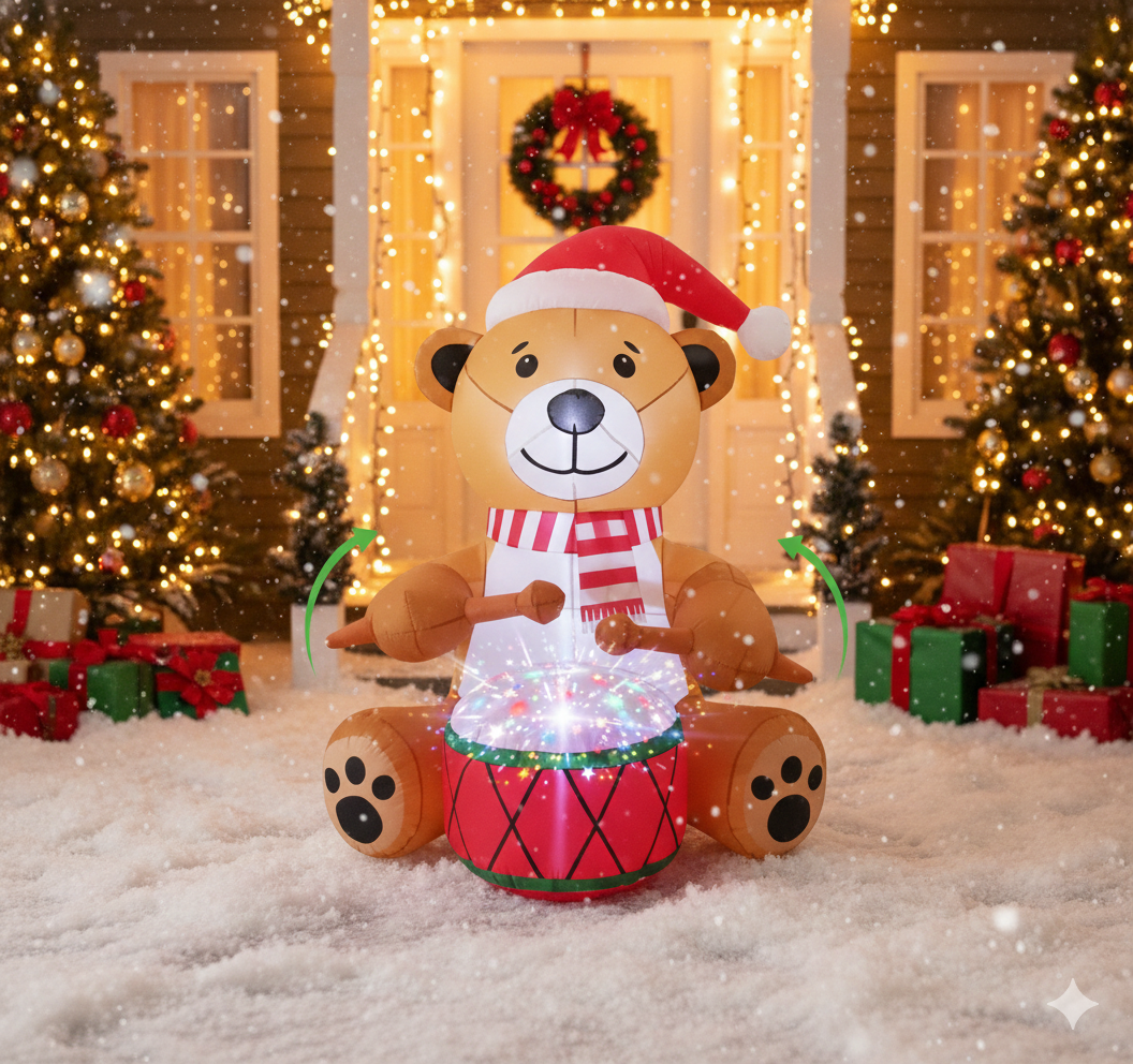 6FT Tall Inflatable Drummer Bear With Lights And Motion