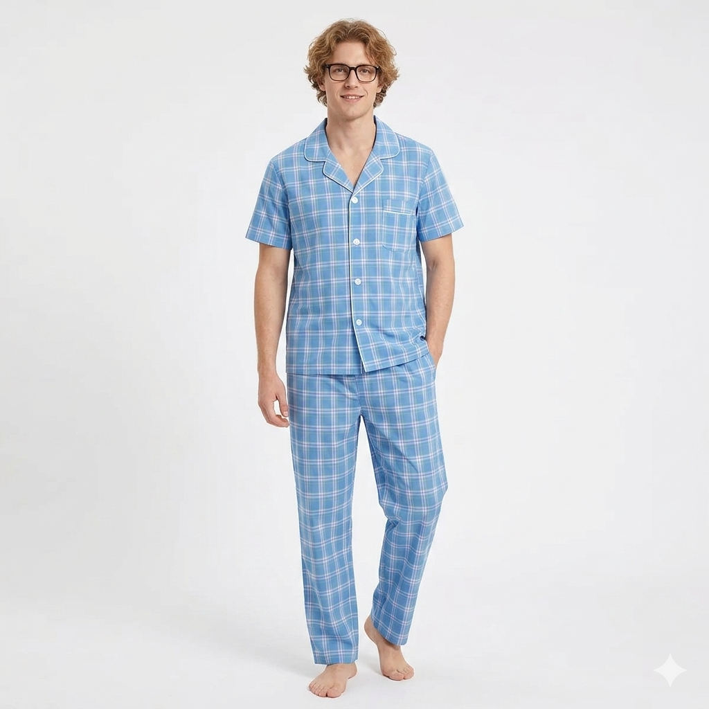 Men´s Pajama Short Sleeve w/ Long short  Light Blue Multicolor