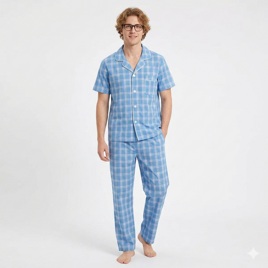 Men´s Pajama Short Sleeve w/ Long short  Light Blue Multicolor