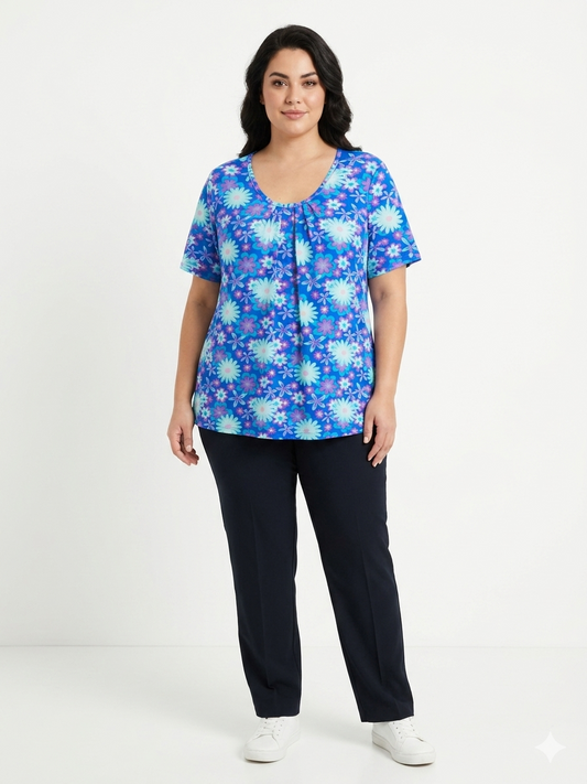 Ladies  Plus Size Top Blue Flowers