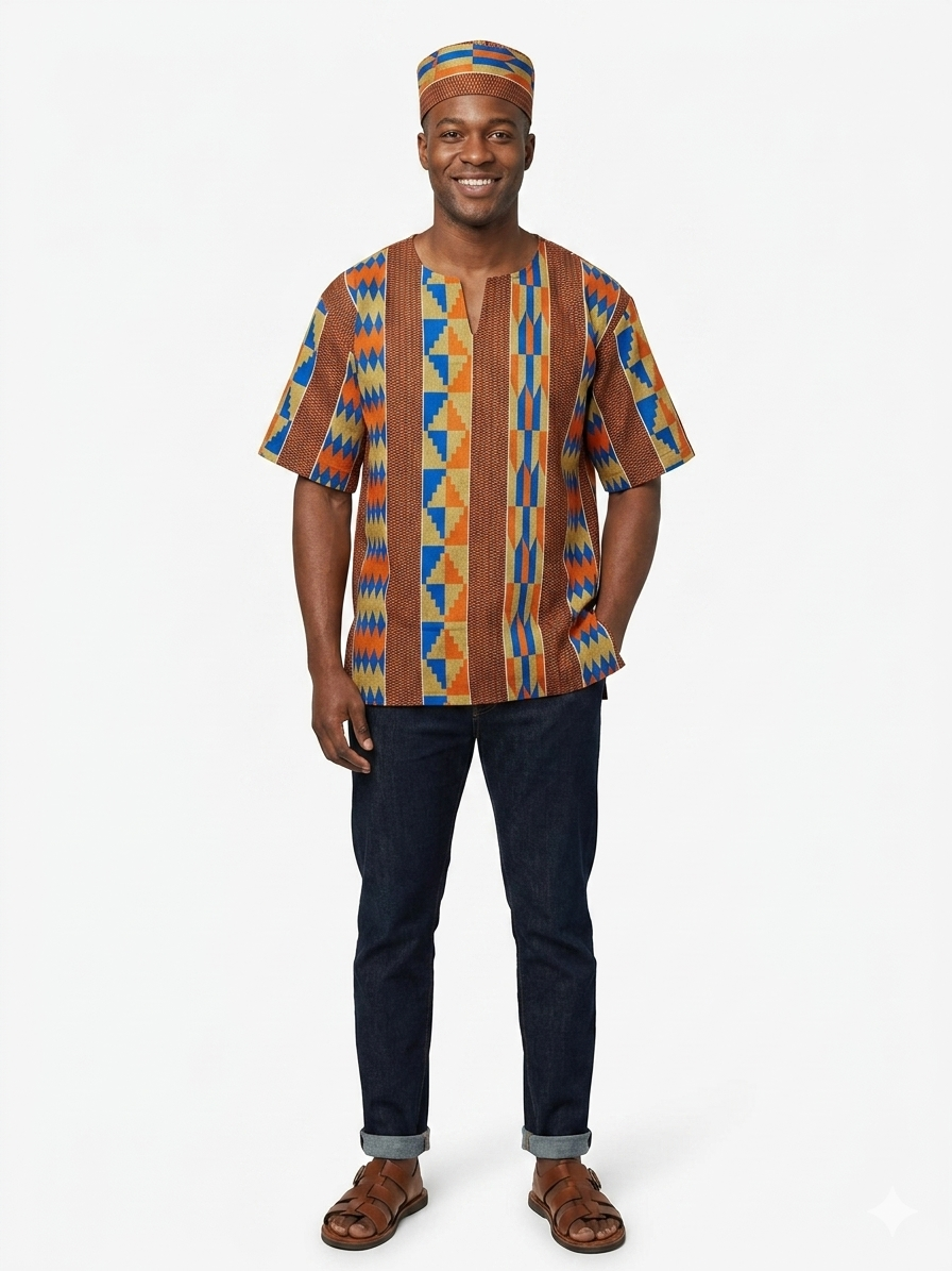 Camisa Caballero Chocolate-Beige-Naranja -Azul (Etnia Negra)