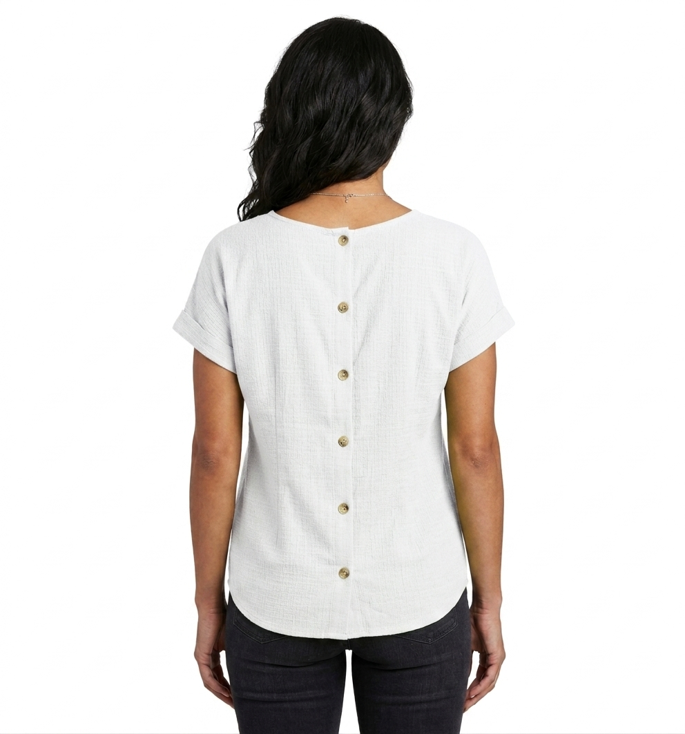 Sleeve Scoop Neck Dolman Top w / Non - Functional CB Buttons White- Ninety