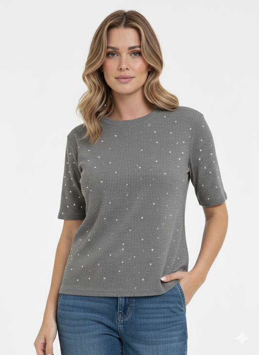 Ladies Top Crew Neck Grey and pearls - Liz & Lilli