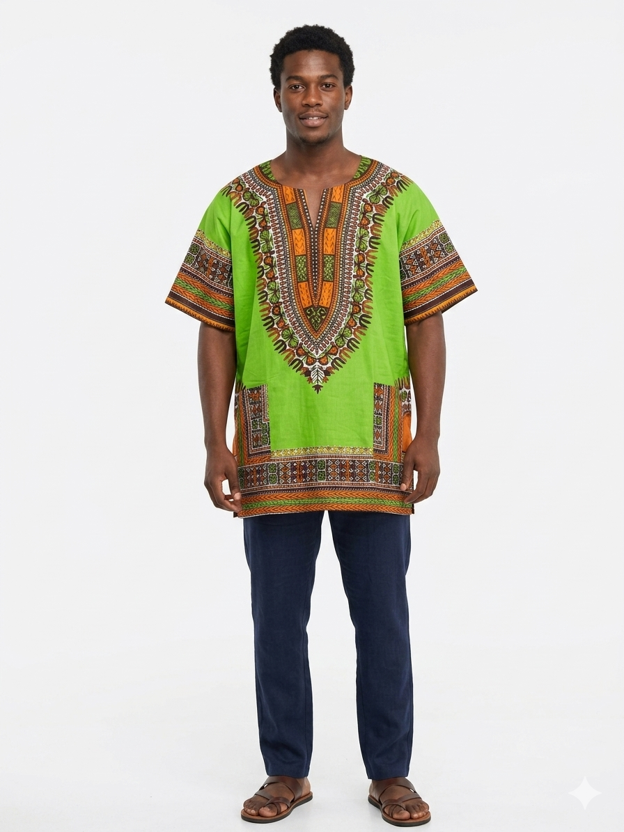 Men Cotton Dashiki Green-Etnia Negra
