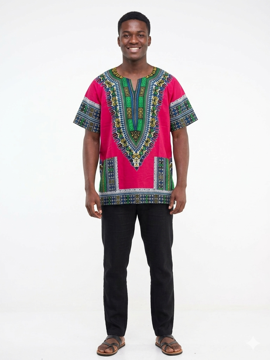 Men Cotton Dashiki Fuchsia  -Etnia Negra