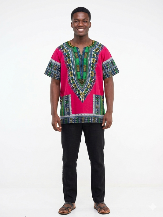 Men Cotton Dashiki Fuchsia  -Etnia Negra