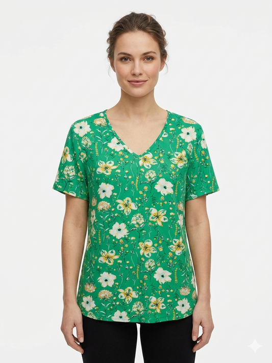 Ladies  Print Top Green with Flowers