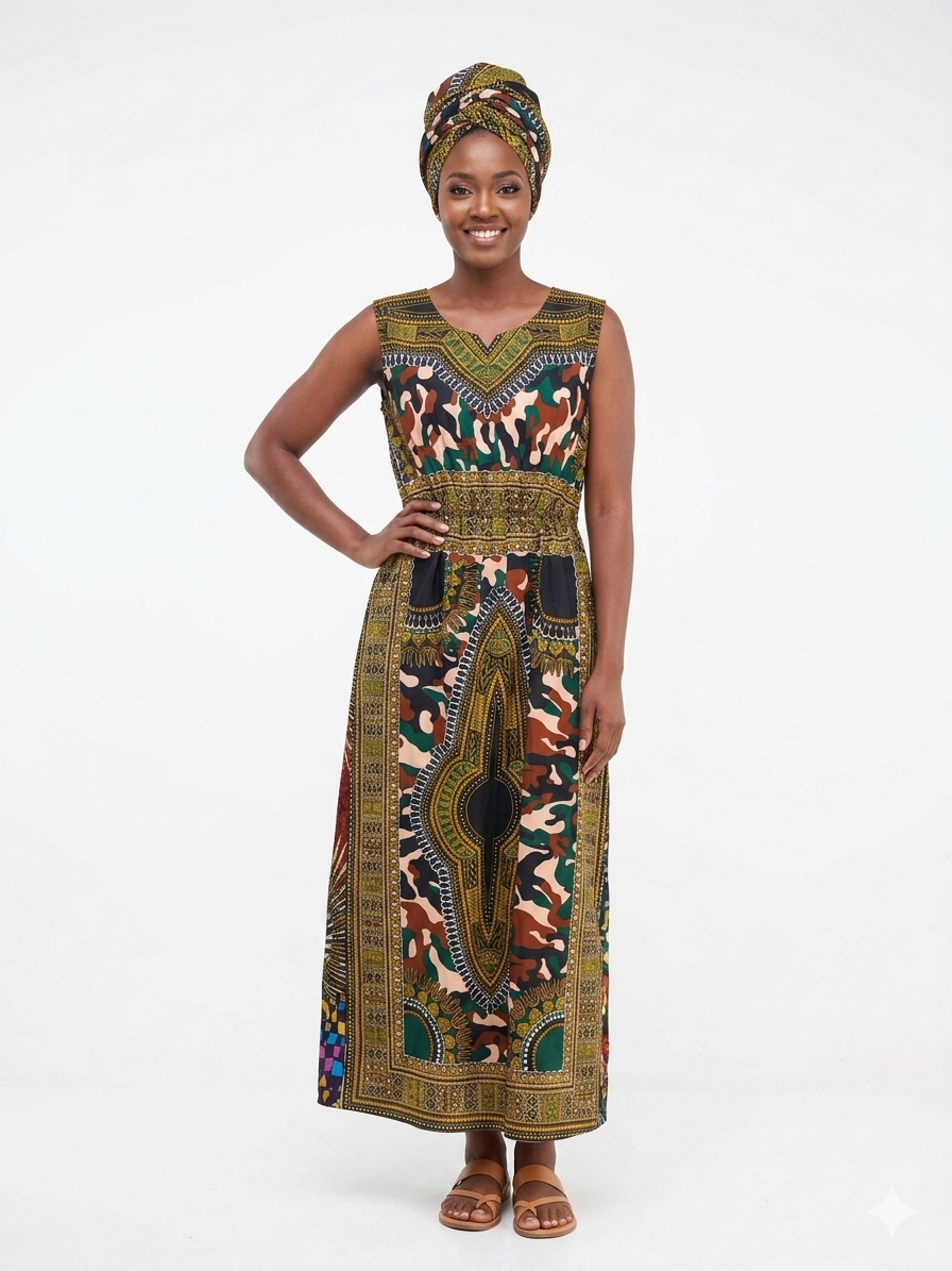 Dress Green-Yellow Camo Print Women - Etnia Negra