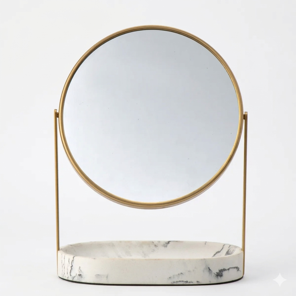 Aged Brass - 8" Modern Marble 360 Rotation Tabletop Vanity Mirror 1X/5X