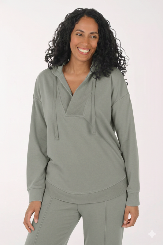 French Terry V-Neck Hoodie Sage