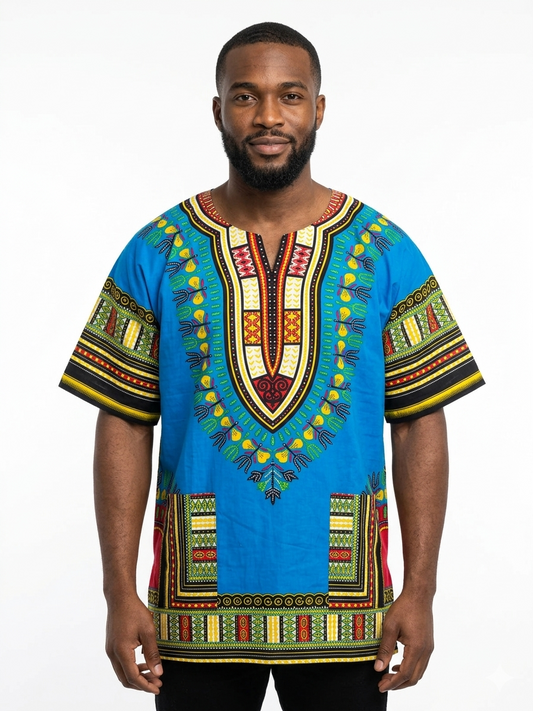 Plus Size Men Cotton Dashiki Blue-Etnia Negra