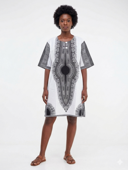 Dress White-Black  Print Women - Etnia Negra