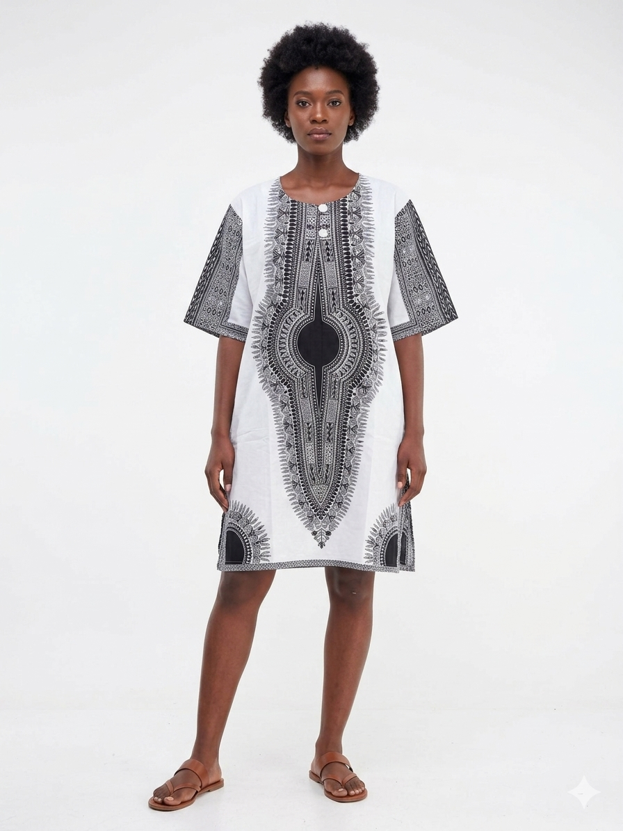 Dress White-Black  Print Women - Etnia Negra