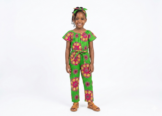 Jumpsuit Estampado Niña Verde-Rojo-Mostaza ( Etnia Negra)