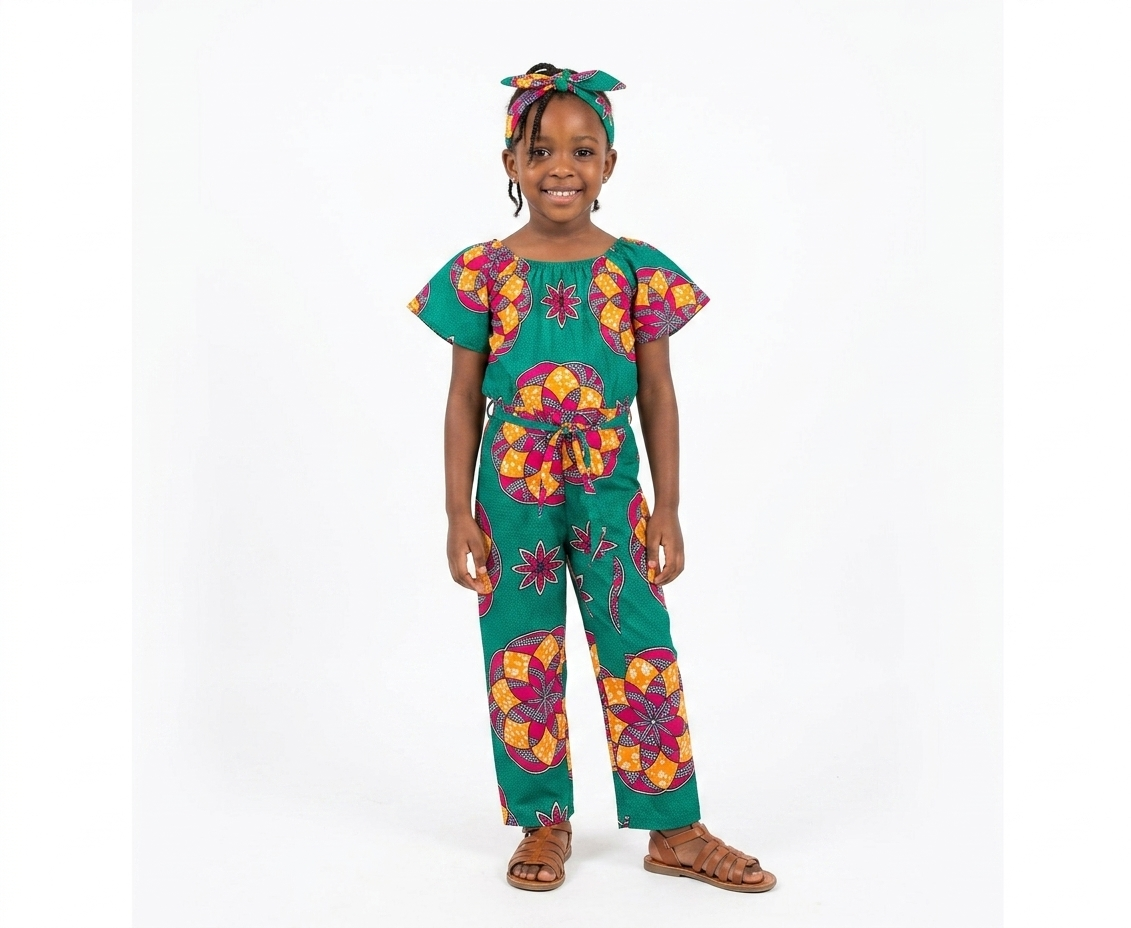 Jumpsuit Niña Verde Esmeralda-Naranja-Fucsia ( Etnia Negra)