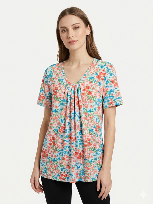 Ladies  Plus Size Top White-Red-Blue Flowers