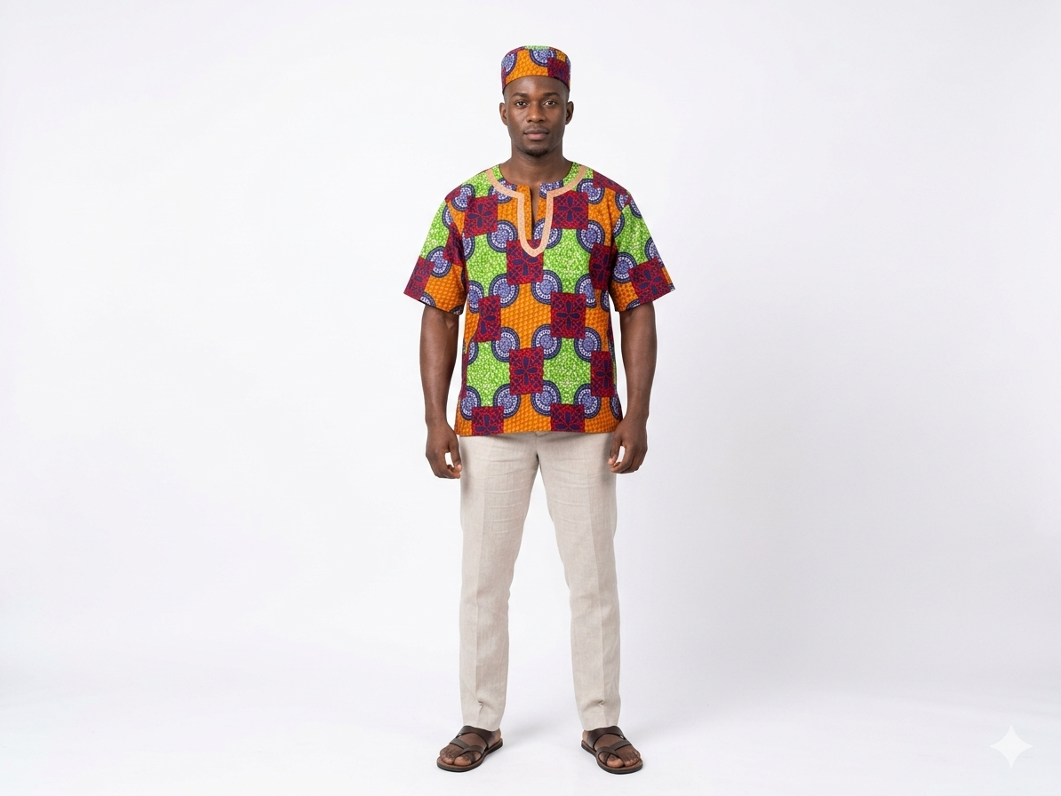 Camisa y Kufi Caballero Verde-Rojo-Azul Marino (Etnia Negra)