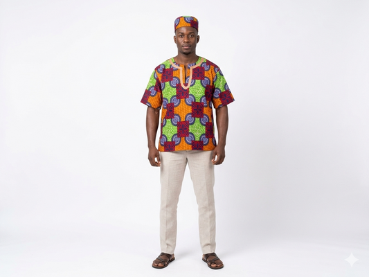 Camisa y Kufi Caballero Verde-Rojo-Azul Marino (Etnia Negra)