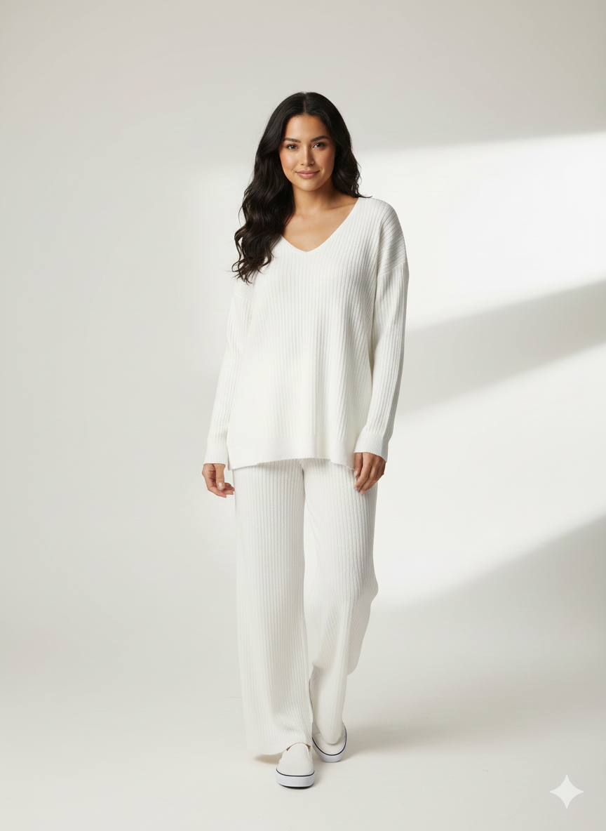 Ladies Solid Sweater Hooded Top with Pant  Set 2 White - Liz & Lilli