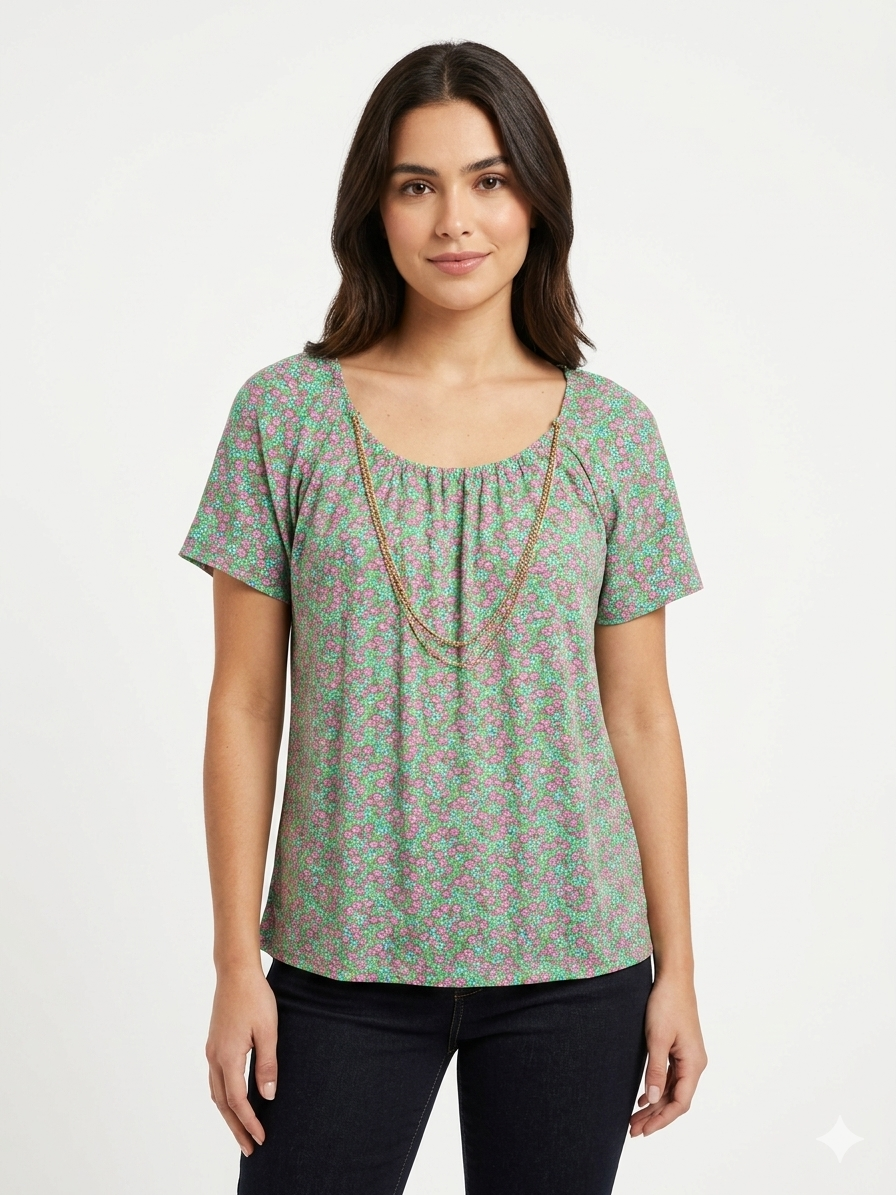 Ladies Chain Blouse Green with Flowers Pink