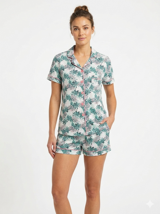 2 PC Short Set Collar Button Front Green with Flowers