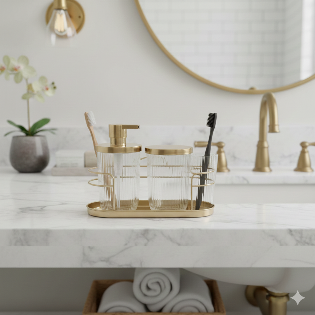 Soap Pump, Canister, Cage TB Holder Gold