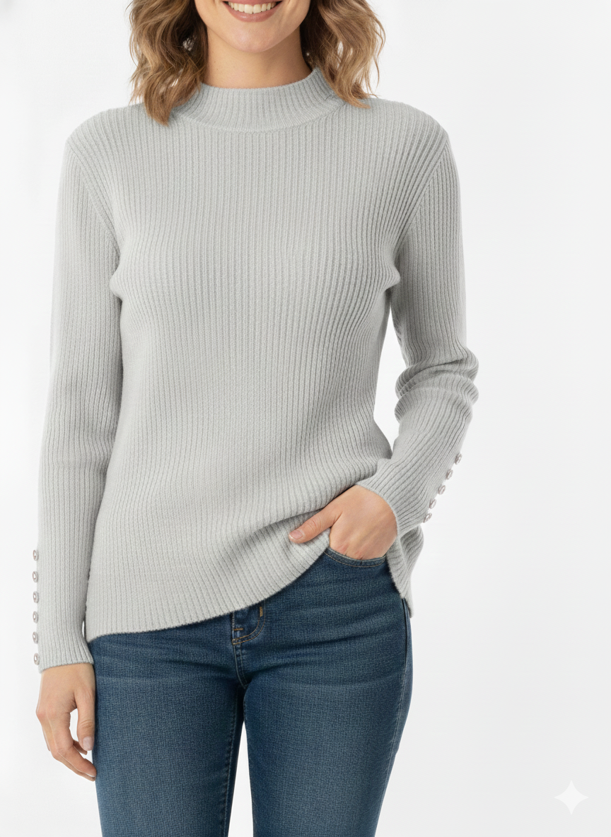 Ladies Solid Sweater Turtle Neck with Buttons Grey - Liz & Lilli