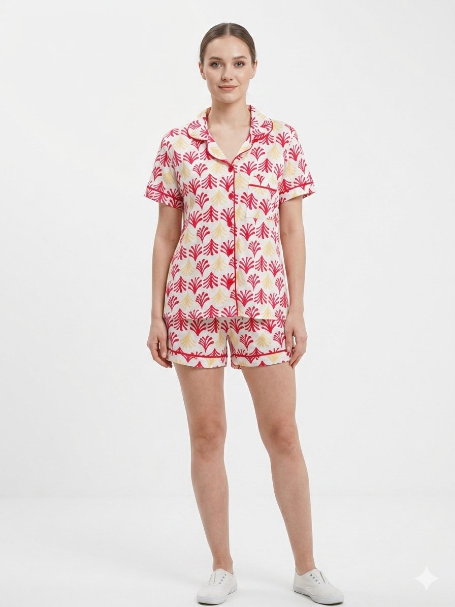 2 PC Short Set Collar Button Front Red with Flowers