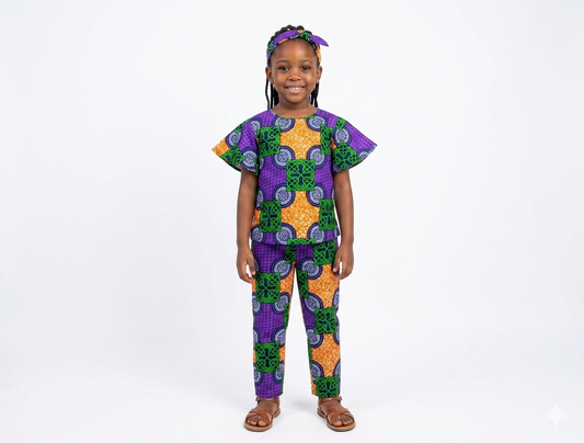 Conjunto Niña Morado-Verde-Naranja ( Etnia Negra)