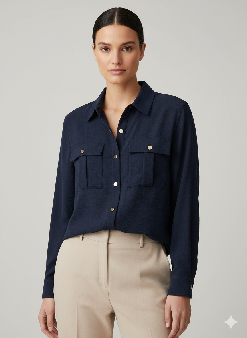 Blouse Gold Button 2 Pocket Navy - Ninety