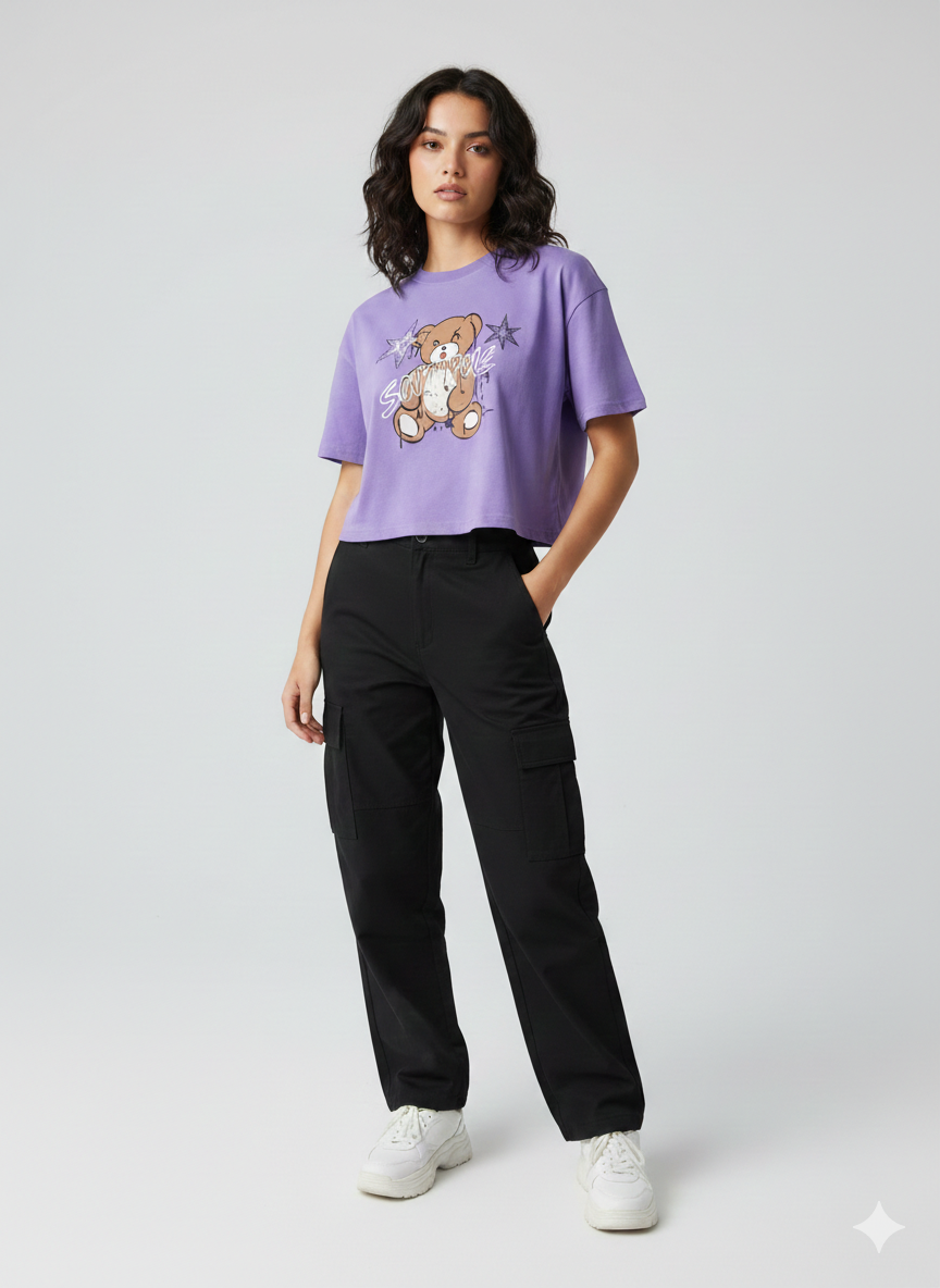 Bear Boxy Crop T-Shirt Purple
