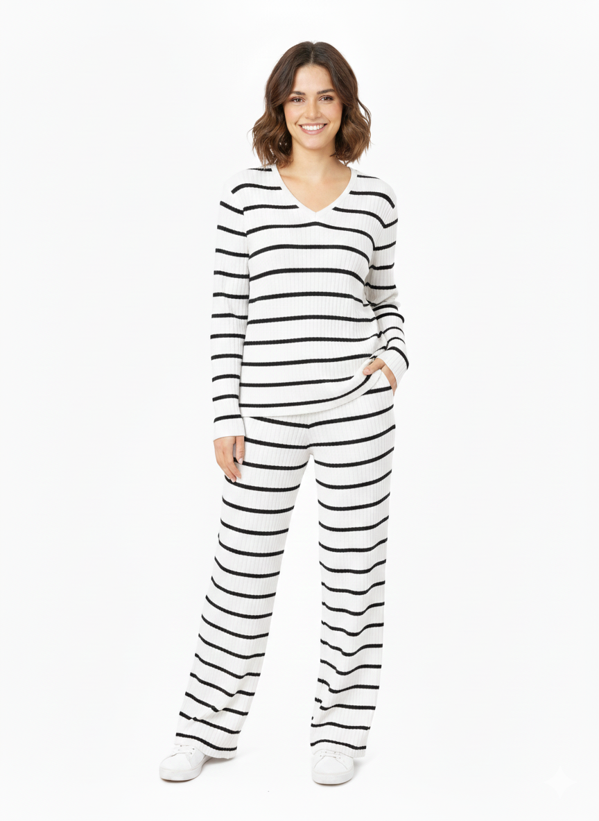 Ladies Stripe Sweater V Nick Top with Pant  Set 2 Back/White - Liz & Lilli
