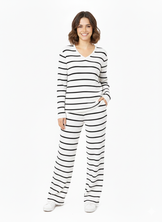 Ladies Stripe Sweater V Nick Top with Pant  Set 2 Back/White - Liz & Lilli