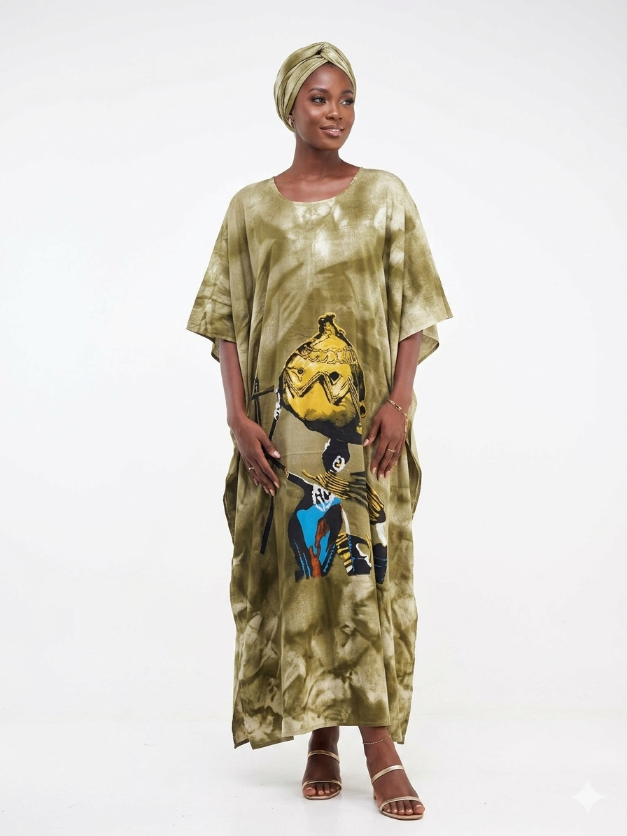 Kaftan Long Olive Print - Etnia Negra