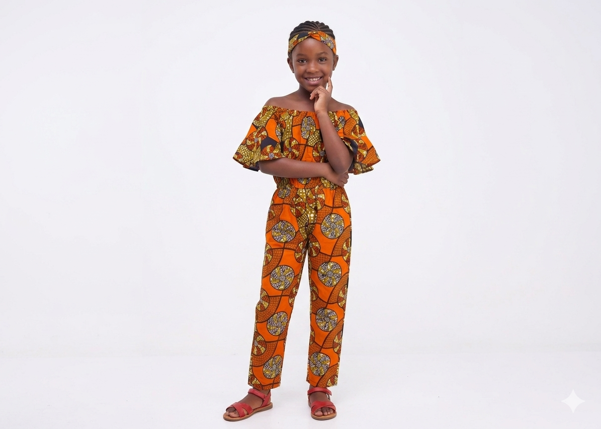 Jumpsuit Niña Naranja-Mostaza-Chocolate (Etnia Negra)